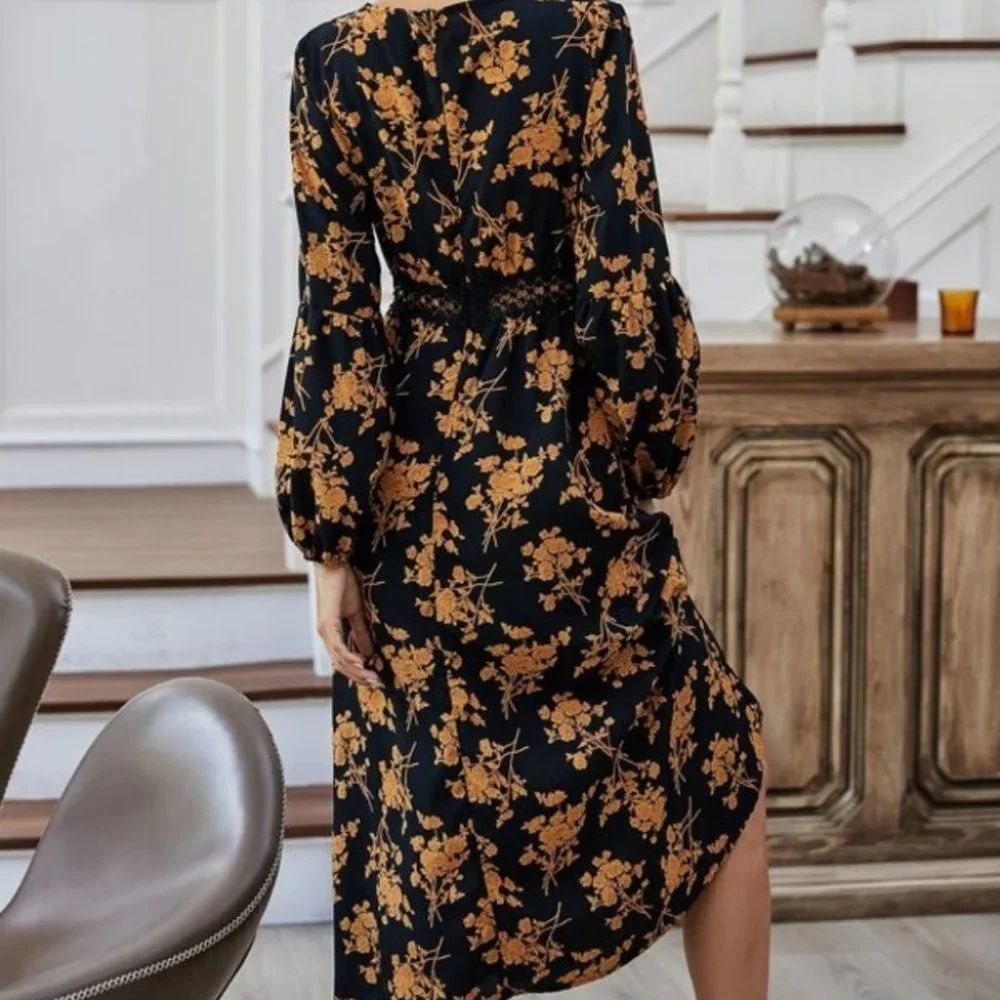 black floral print v neck ruffle long sleeve dress - Picture 6 of 6
